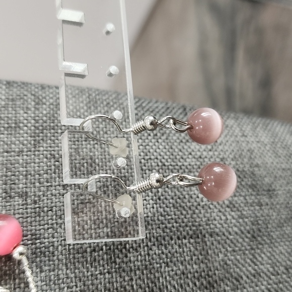 Pink Cat's Eye Glass Bead Necklace & Earring Set Silver Tone Jewelry Bundle - Picture 2 of 4